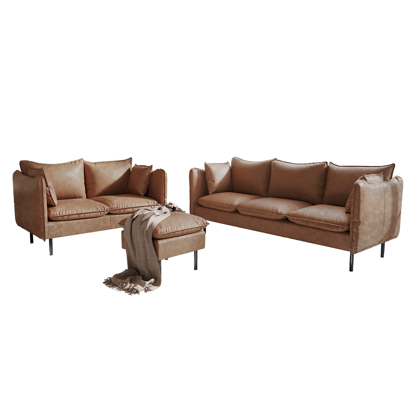 Cassian 6 Seater PU Leather Sofa Set in Chocolate Brown featuring a three-seat sofa, two-seat loveseat, and ottoman with fringed throw, all on slim metal legs for a cohesive look.