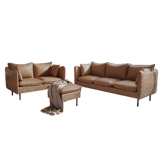 Cassian 6 Seater PU Leather Sofa Set in Chocolate Brown featuring a three-seat sofa, two-seat loveseat, and ottoman with fringed throw, all on slim metal legs for a cohesive look.