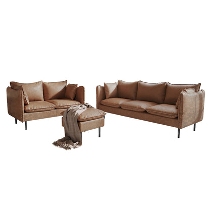 Cassian 6 Seater PU Leather Sofa Set in Chocolate Brown featuring a three-seat sofa, two-seat loveseat, and ottoman with fringed throw, all on slim metal legs for a cohesive look.
