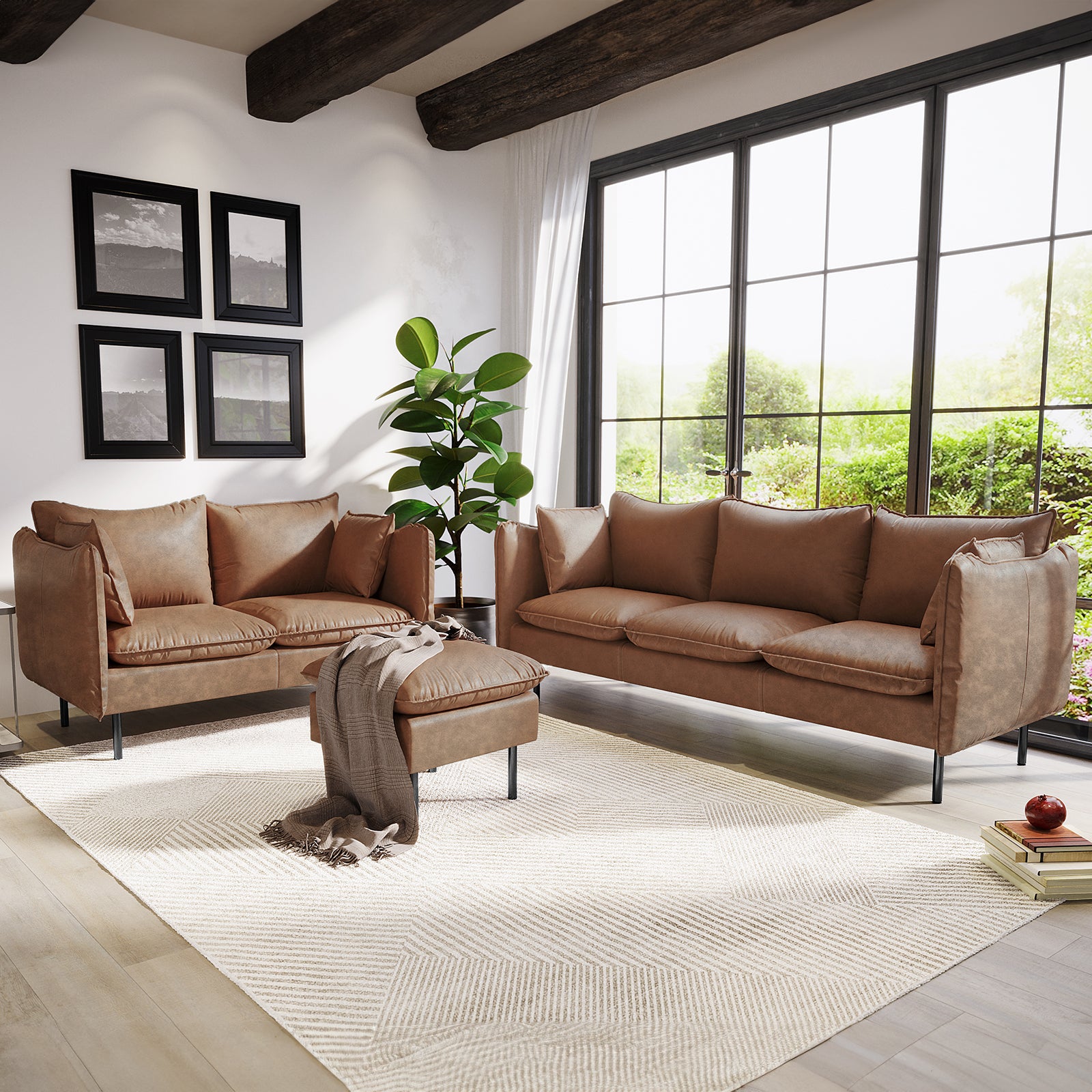 Cassian 6 Seater PU Leather Sofa Set in Chocolate Brown, featuring a matching two-seater and three-seater sofa, and a small ottoman, set in a bright, contemporary living room corner.