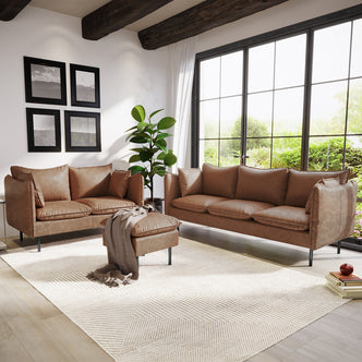 Cassian 6 Seater PU Leather Sofa Set in Chocolate Brown, featuring a matching two-seater and three-seater sofa, and a small ottoman, set in a bright, contemporary living room corner.