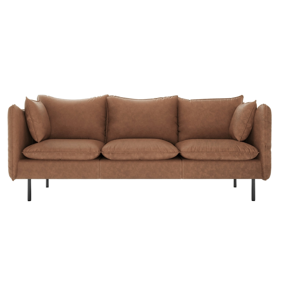 Cassian 6 Seater PU Leather Sofa Set in Chocolate Brown, featuring a modern three-seat design with warm brown upholstery, three seat and back cushions, low square armrests, and sleek black metal legs.