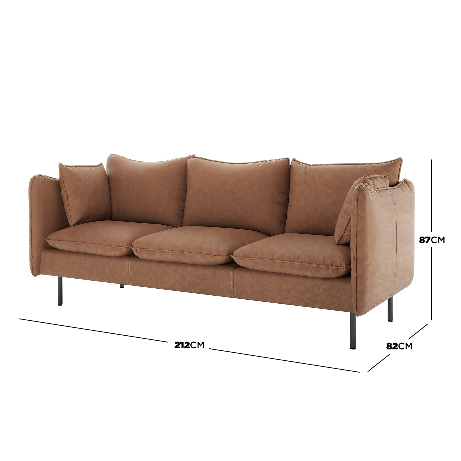 Cassian 6 Seater PU Leather Sofa Set in Chocolate Brown featuring a three-seat design with cognac-brown upholstery, slim black metal legs, loose cushions, and a matching throw pillow.