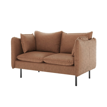 Cassian 6 Seater PU Leather Sofa Set in Chocolate Brown, featuring a two-seat loveseat with plush cushions, padded armrests, and slim black metal legs, showcasing modern elegance and comfort.
