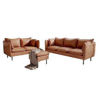 Cassian 6 Seater PU Leather Sofa Set in Mocha featuring a two-seat and three-seat sofa with an ottoman, showcasing cognac leather, boxed-edge arms, and slender matte-black metal legs.