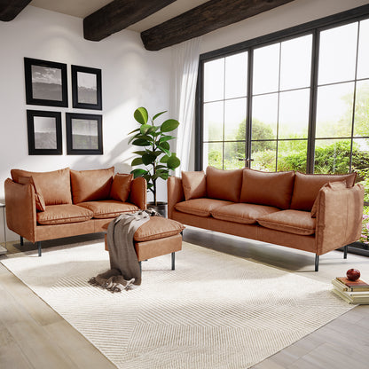 Cassian 6 Seater PU Leather Sofa Set in Mocha, featuring rust-colored sofas, matching ottoman, textured rug, and potted plant, set in a bright, modern living room with grid-pane windows.