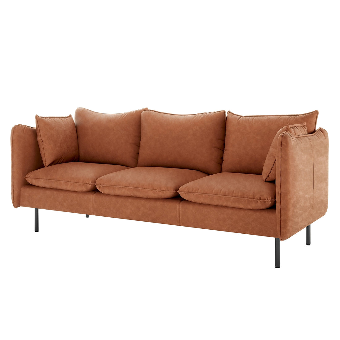 Cassian 6 Seater PU Leather Sofa Set in Mocha features a warm tan upholstery, three loose seat and back cushions, slim black metal legs, and armrests level with the back.