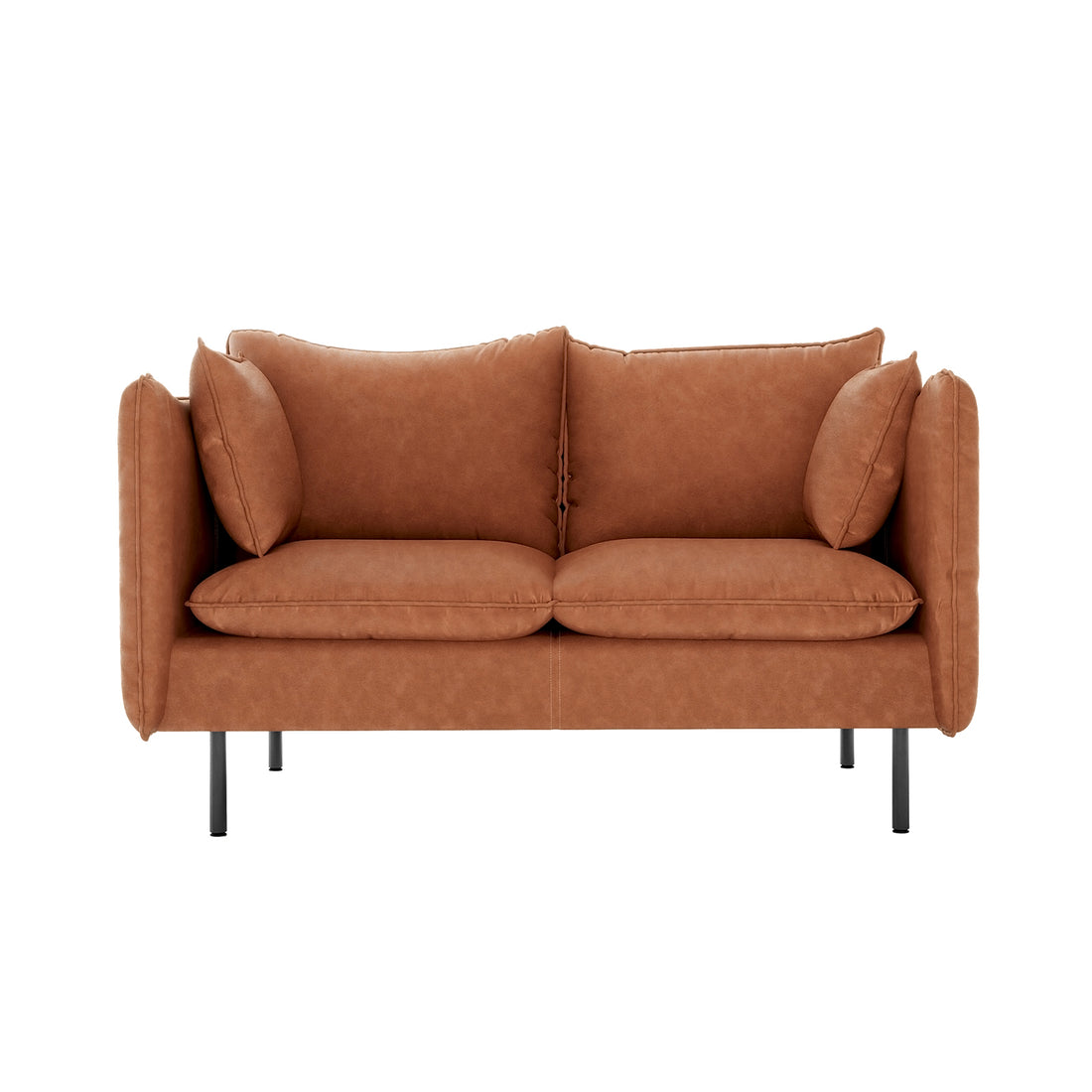 Cassian 6 Seater PU Leather Sofa Set in Mocha; a two-seat sofa with tan-brown upholstery, four cushions, two side pillows, and slender black metal legs against a plain white background.