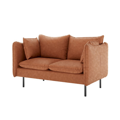 Cassian 6 Seater PU Leather Sofa Set in Mocha featuring a two-seat loveseat with cognac-brown faux-leather upholstery, plush cushions, squared armrests, and slender black metal legs, embodying luxury and comfort.