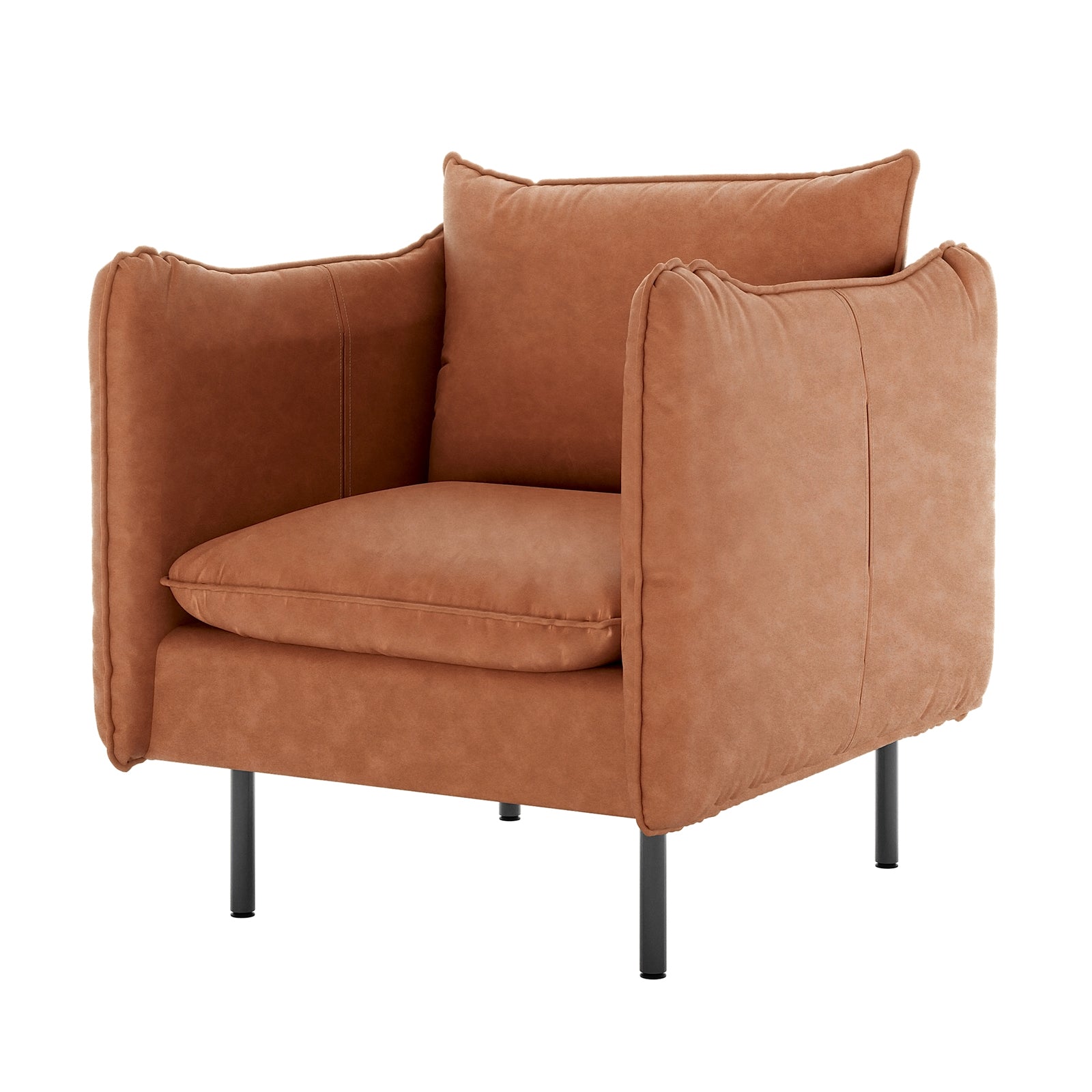 Cassian PU Leather Armchair in Mocha, featuring plush cushions, warm tan upholstery, and slim black metal legs, offers a modern, elegant addition to any room's decor.