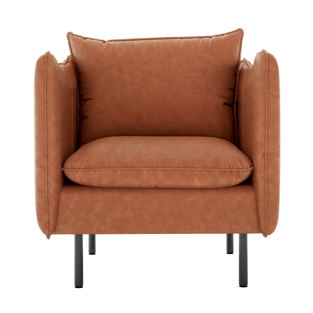 Cassian PU Leather Armchair in Mocha features a modern boxy design with padded back and side panels, loose seat cushion, piped seams, and slim black metal legs.