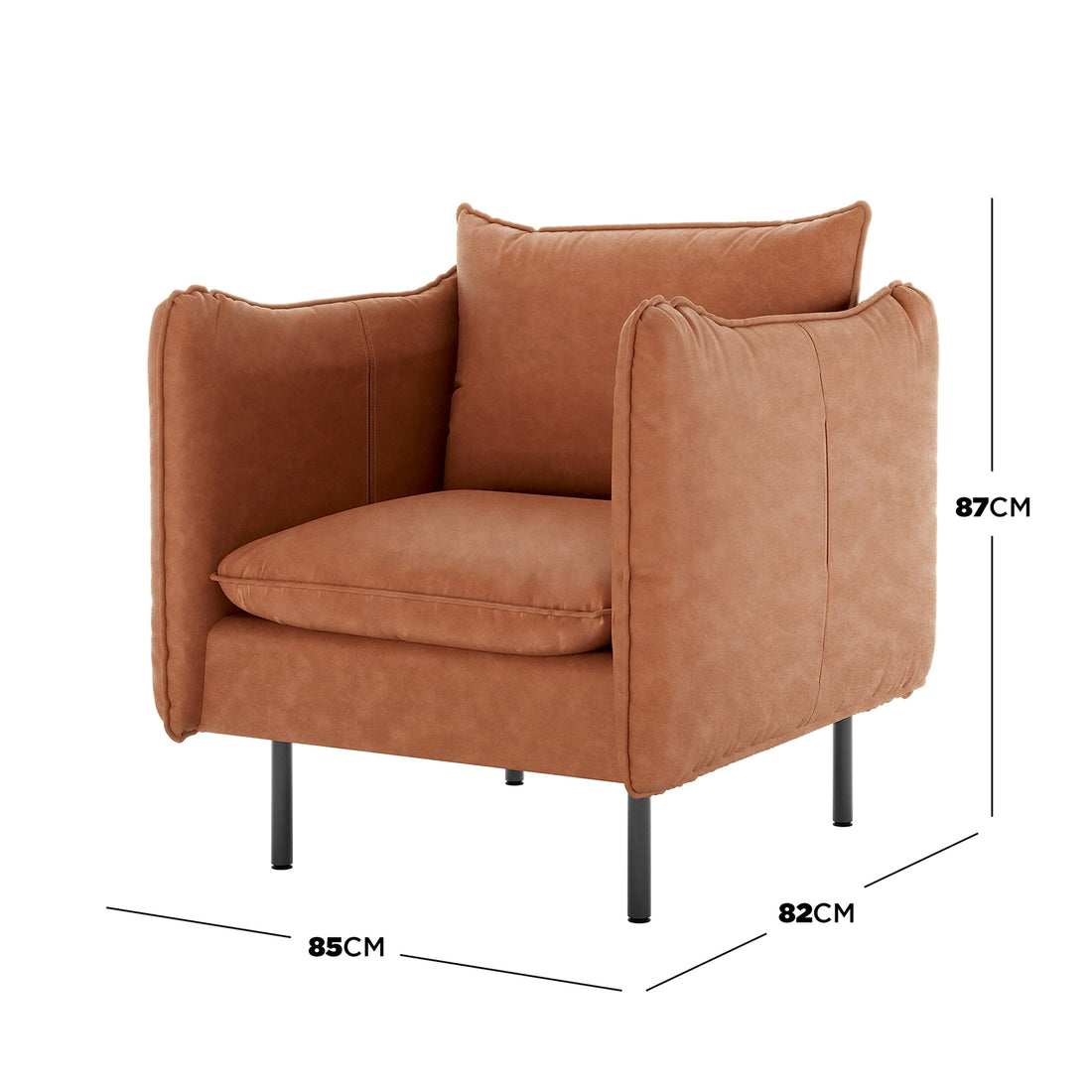 Cassian PU Leather Armchair in Mocha, featuring a plush, over-padded design with removable cushions and slender black metal legs, measuring 85 cm wide, 82 cm deep, and 87 cm tall.