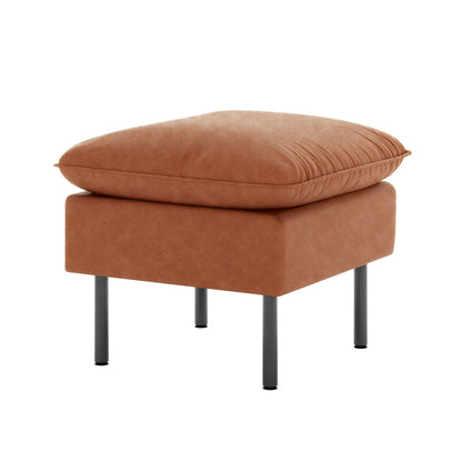 Cassian PU Leather Ottoman in Mocha features a square base with an overstuffed cushion, sleek black metal legs, and a luxurious tan suede-like upholstery, offering both style and comfort.