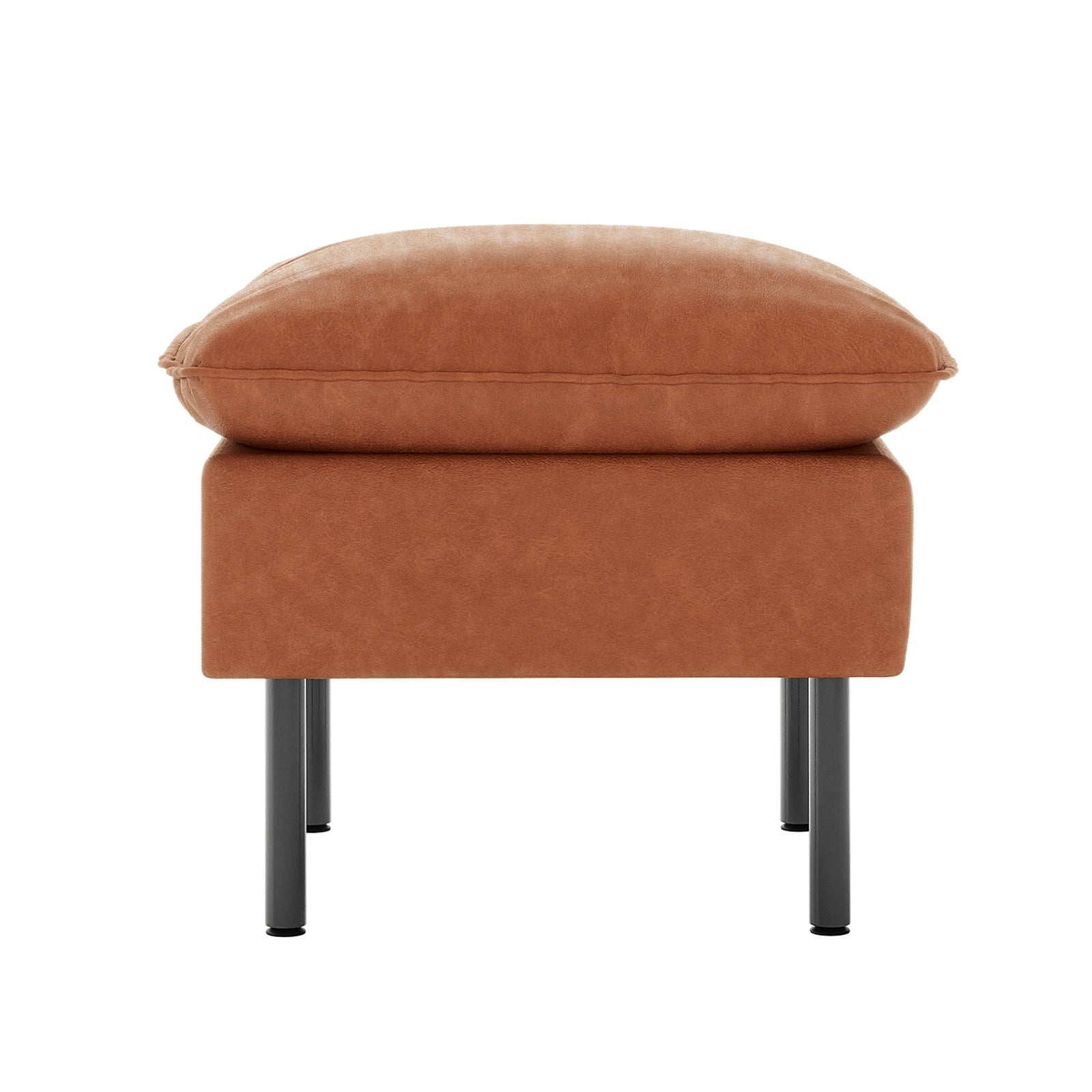 Cassian PU Leather Ottoman in Mocha with a plush, padded top, covered in warm brown fabric, supported by slim black metal legs. Ideal for enhancing room elegance and providing footrest comfort.