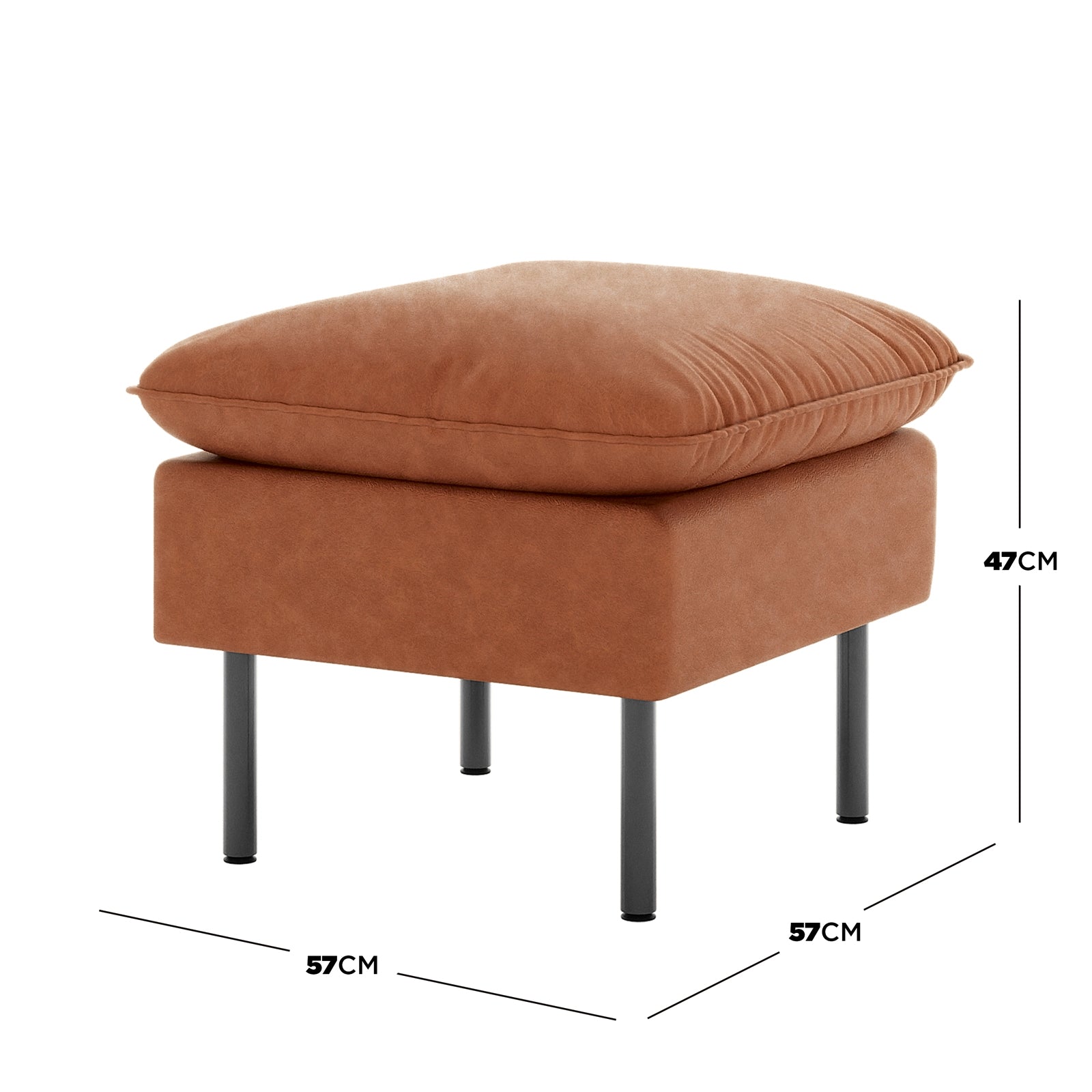 Cassian PU Leather Ottoman in mocha with a square, over-stuffed cushion, upholstered in warm brown fabric, features slender black metal legs and dimensions of 57 cm × 57 cm × 47 cm.