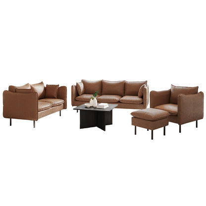 Cassian 7 Seater PU Leather Sofa Set in Chocolate Brown features a two-seat and three-seat sofa, armchair, and ottoman, all with metal legs. Includes black coffee table and decor elements.