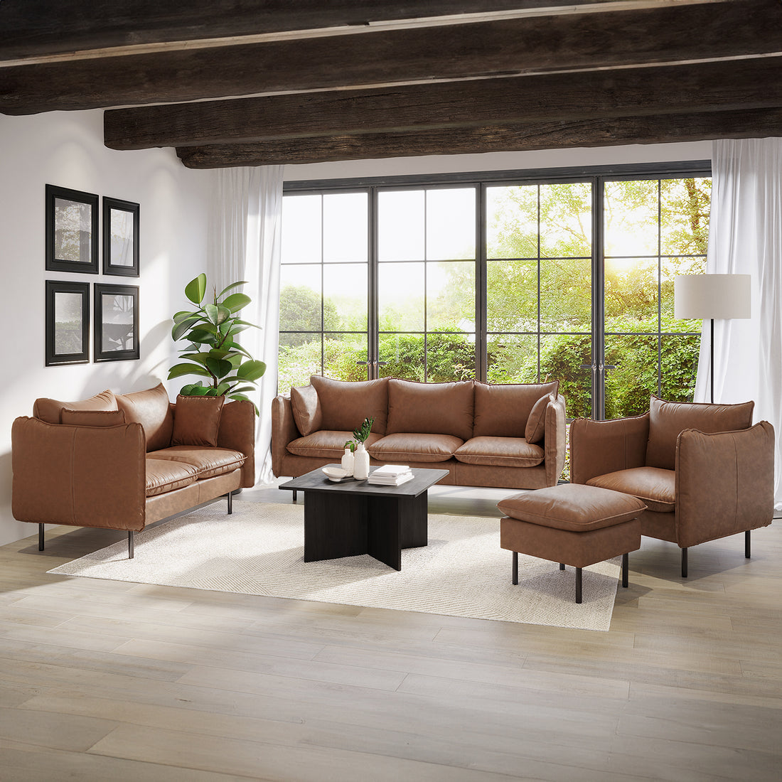 Cassian 7 Seater PU Leather Sofa Set in Chocolate Brown features a three-seat sofa, two-seat loveseat, armchair, and ottoman in a bright living room with lush outdoor views.