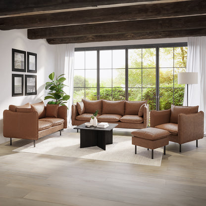 Cassian 7 Seater PU Leather Sofa Set in Chocolate Brown features a three-seat sofa, two-seat loveseat, armchair, and ottoman in a bright living room with lush outdoor views.