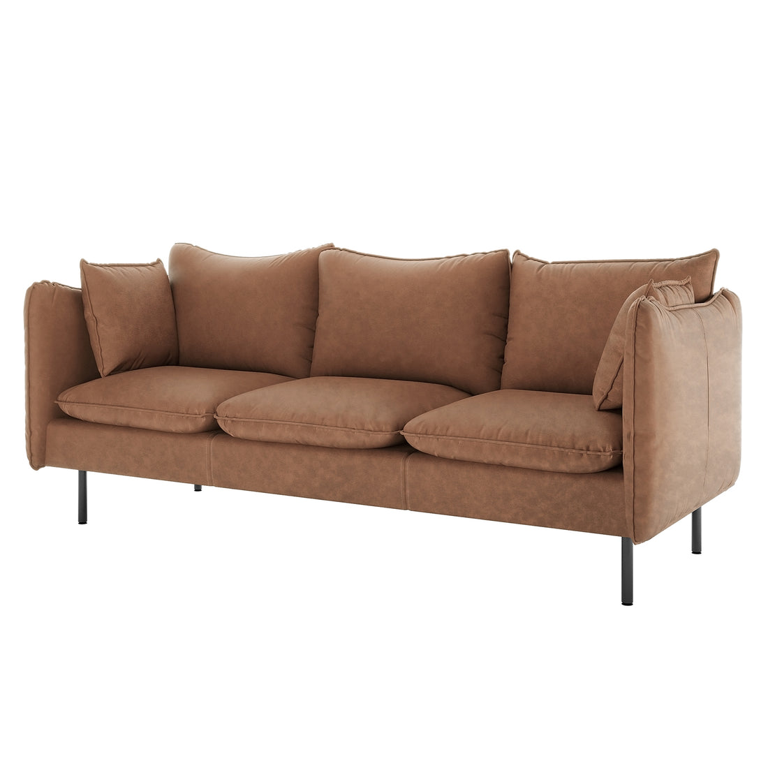 Cassian 7 Seater PU Leather Sofa Set in Chocolate Brown features a three-seat sofa with tan upholstery, loose cushions, slim black metal legs, and square armrests, presented against a plain white background.