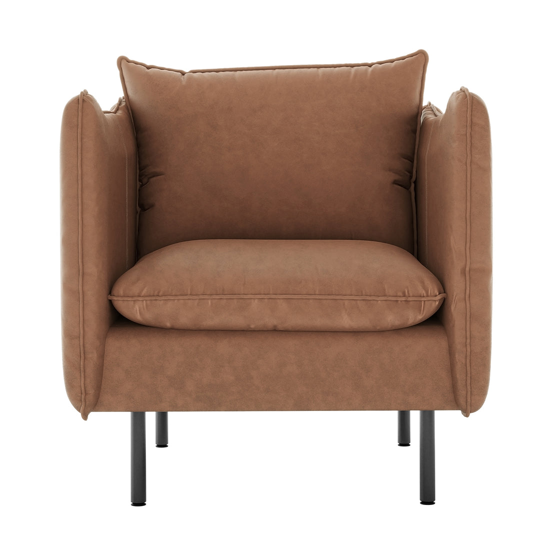 Cassian 7 Seater PU Leather Sofa Set in Chocolate Brown featuring a modern armchair with plush cushions and padded arms, upholstered in warm brown fabric, on slim black metal legs.