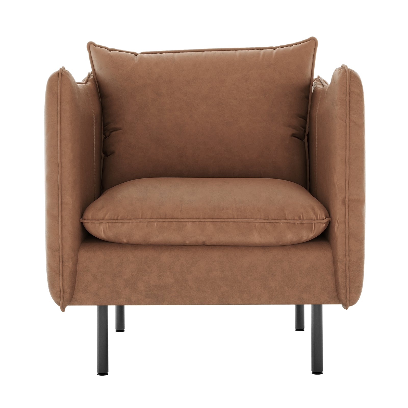 Cassian 7 Seater PU Leather Sofa Set in Chocolate Brown featuring a modern armchair with plush cushions and padded arms, upholstered in warm brown fabric, on slim black metal legs.