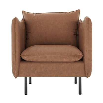 Cassian 7 Seater PU Leather Sofa Set in Chocolate Brown featuring a modern armchair with plush cushions and padded arms, upholstered in warm brown fabric, on slim black metal legs.