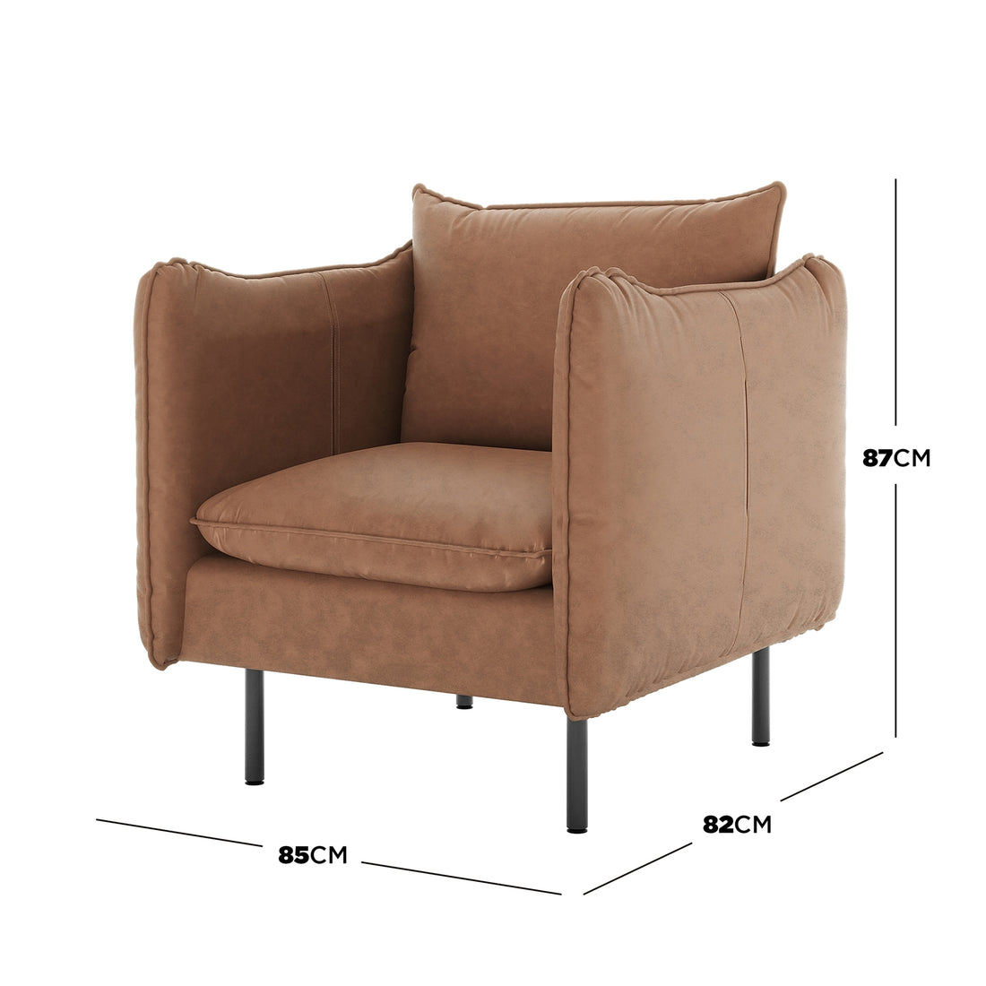 Cassian 7 Seater PU Leather Sofa Set armchair features warm tan fabric, plush cushions, and slender black metal legs, highlighting comfort and modern design. Dimensions: 85cm wide, 82cm deep, 87cm tall.