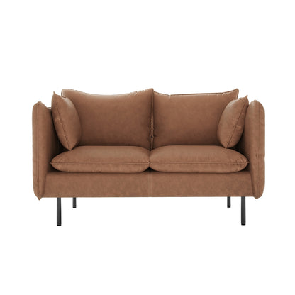 Cassian 7 Seater PU Leather Sofa Set in Chocolate Brown features a small two-seat loveseat with warm brown upholstery, loose cushions, bolster pillows, and slender black metal legs against a white background.
