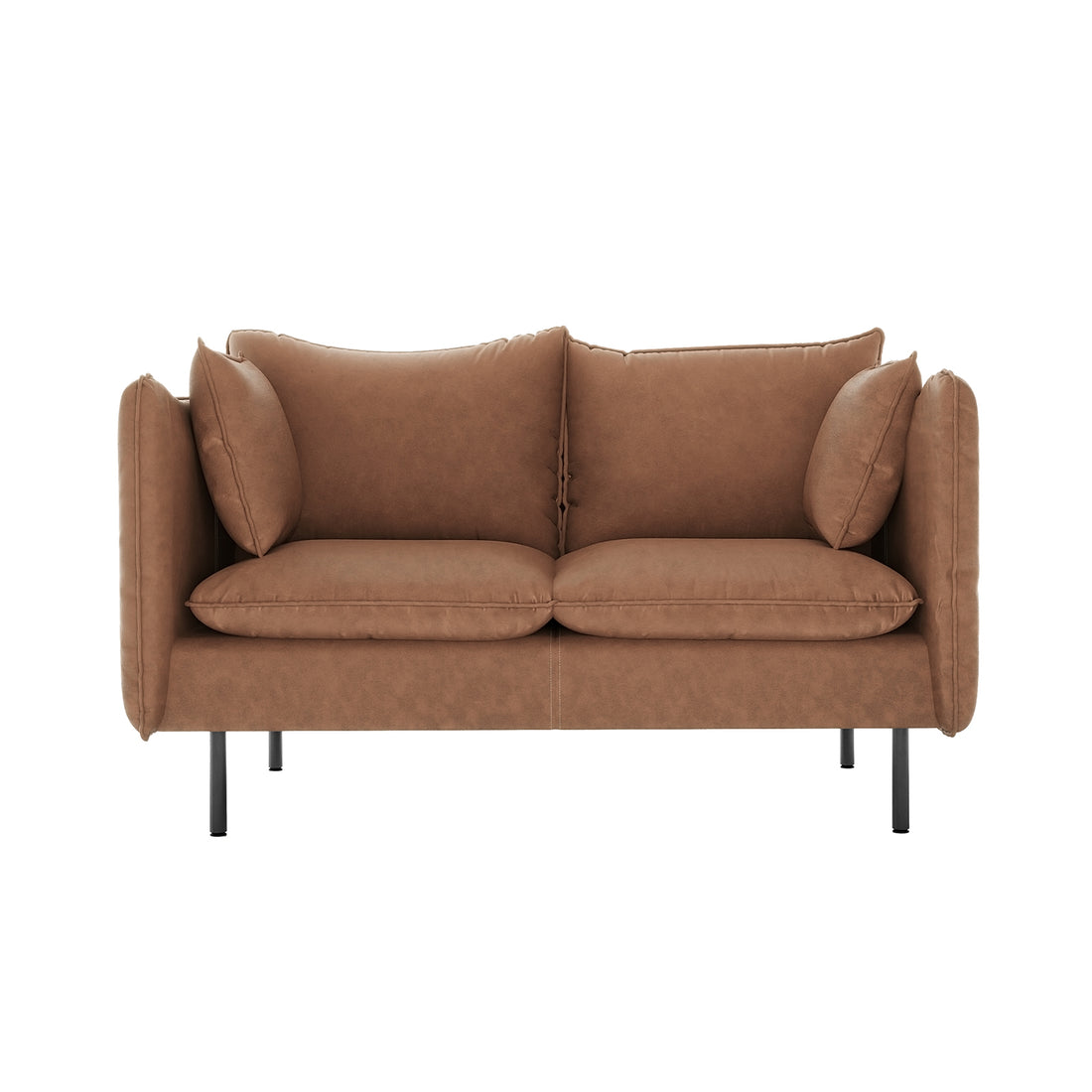 Cassian 2 Seater PU Leather Sofa in Chocolate Brown, featuring plush cushions, low armrests, matching accent pillows, and slim black metal legs, showcased against a white background.