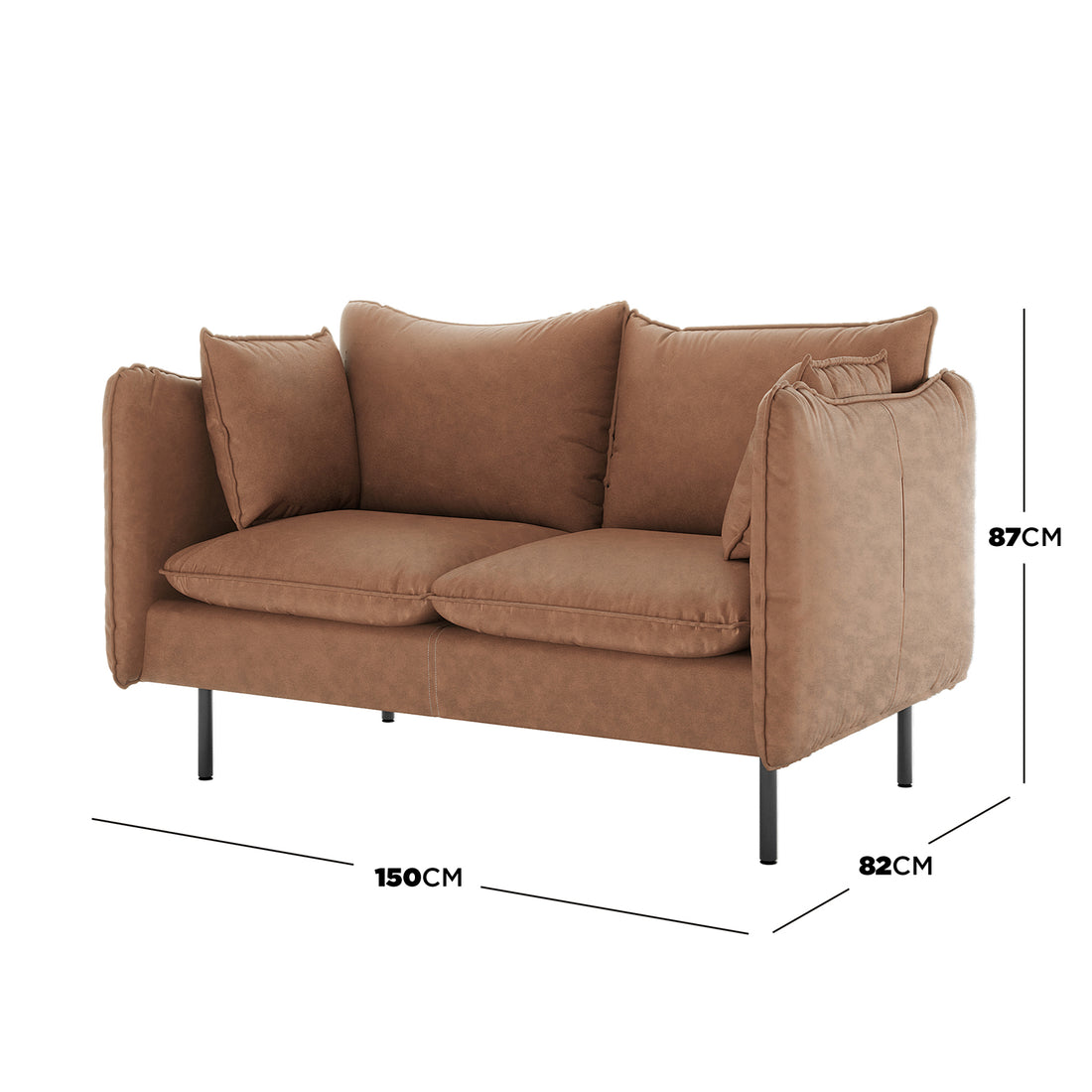 Cassian 2 Seater PU Leather Sofa in Chocolate Brown, featuring warm cognac-brown upholstery, loose cushions, two throw pillows, and slim black metal legs, set against a plain white background. Dimensions overlayed.