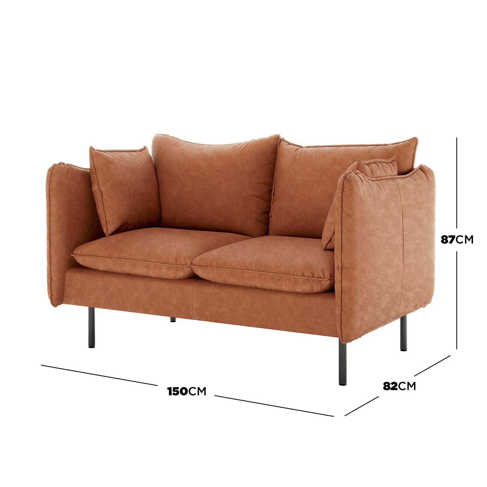 Cassian 2 Seater PU Leather Sofa features a warm tan upholstery, loose cushions, and slim black metal legs, measuring 150cm wide, 82cm deep, and 87cm high.