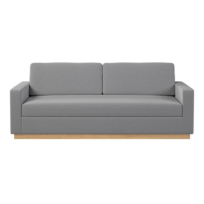 Celeste 3 Seater Hardwood Fabric Sofa Ash, showcasing its sturdy eucalyptus hardwood frame, plush removable cushions, and rubber wood legs, designed for modern comfort and style in home settings.