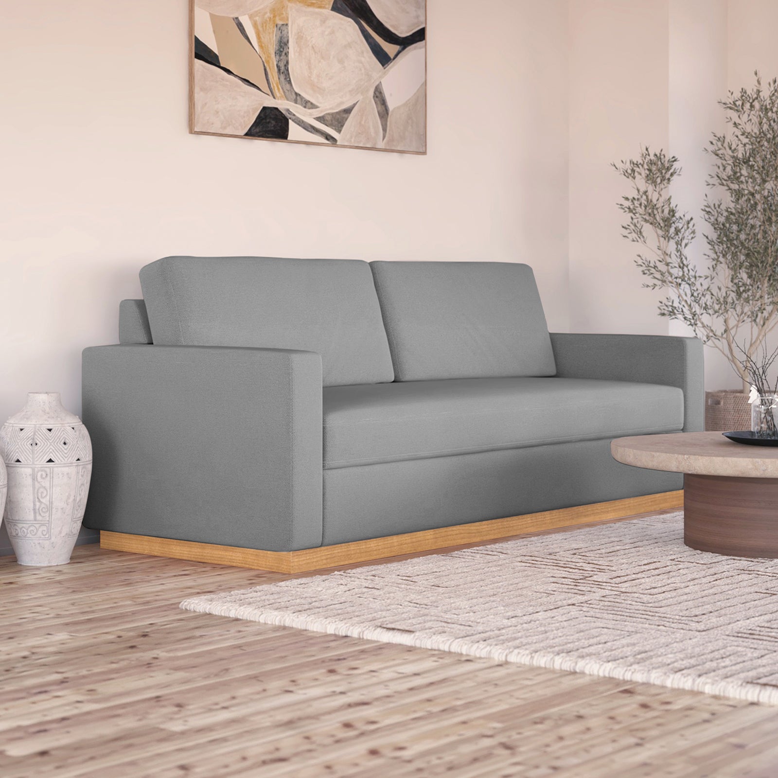 Celeste 3 Seater Hardwood Fabric Sofa Ash, featuring plush removable cushions, rubber wood legs, and a durable eucalyptus frame, suitable for stylish, comfortable living room seating.