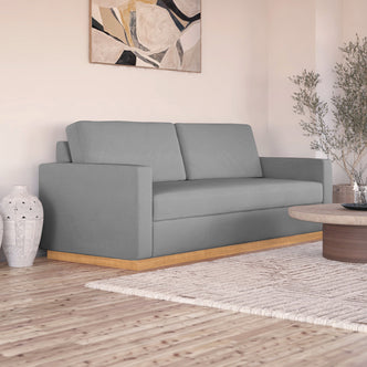Celeste 3 Seater Hardwood Fabric Sofa Ash, featuring plush removable cushions, rubber wood legs, and a durable eucalyptus frame, suitable for stylish, comfortable living room seating.