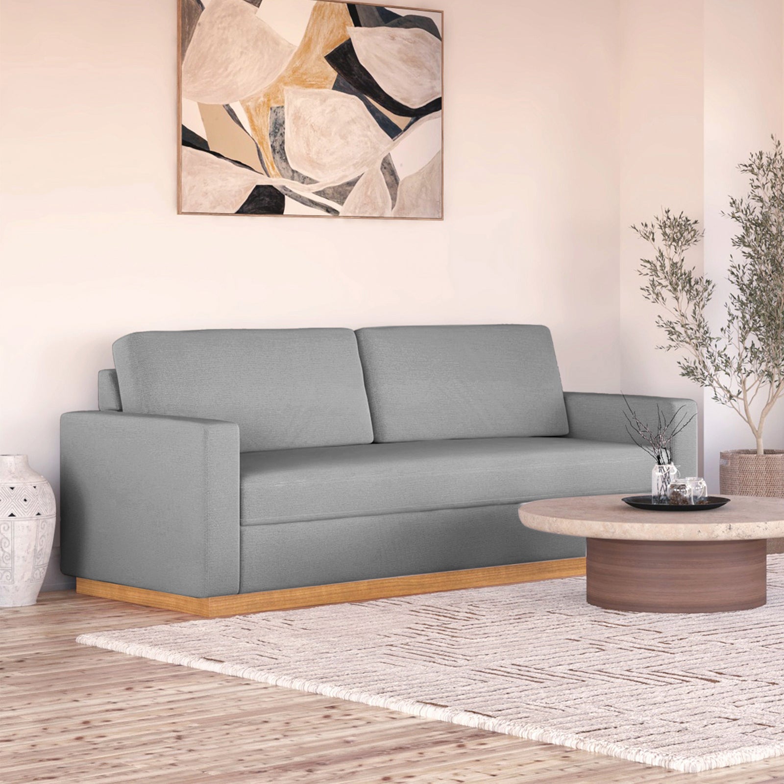 Celeste 3 Seater Hardwood Fabric Sofa Ash, featuring a close-up view of its plush, removable cushions and sturdy rubber wood legs, elegantly displayed in a modern living room setting.