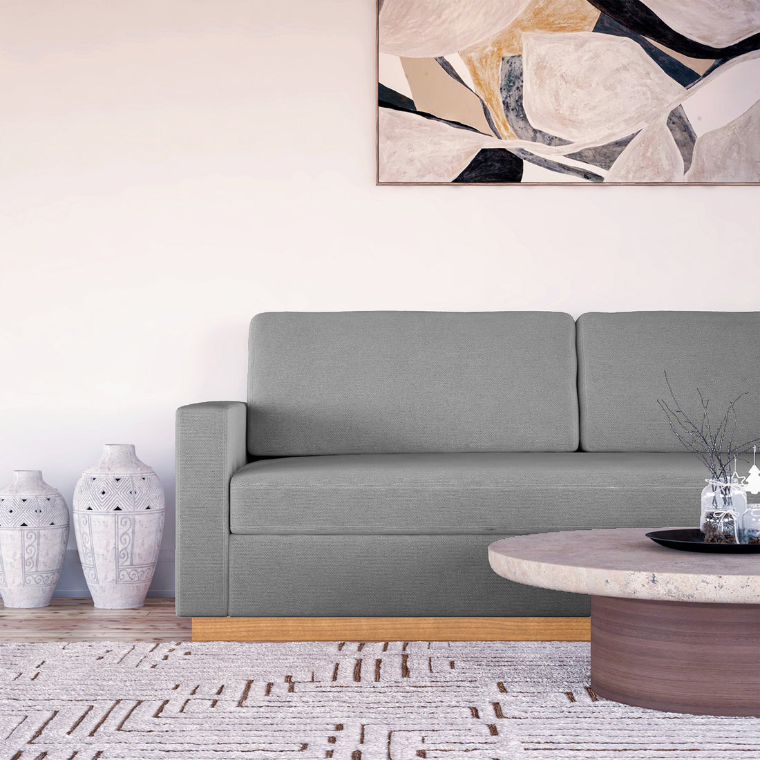 Celeste 3 Seater Hardwood Fabric Sofa Ash with rubber wood legs and removable cushions, showcasing a close-up of its wood grain and fabric texture, emphasizing modern and durable design.