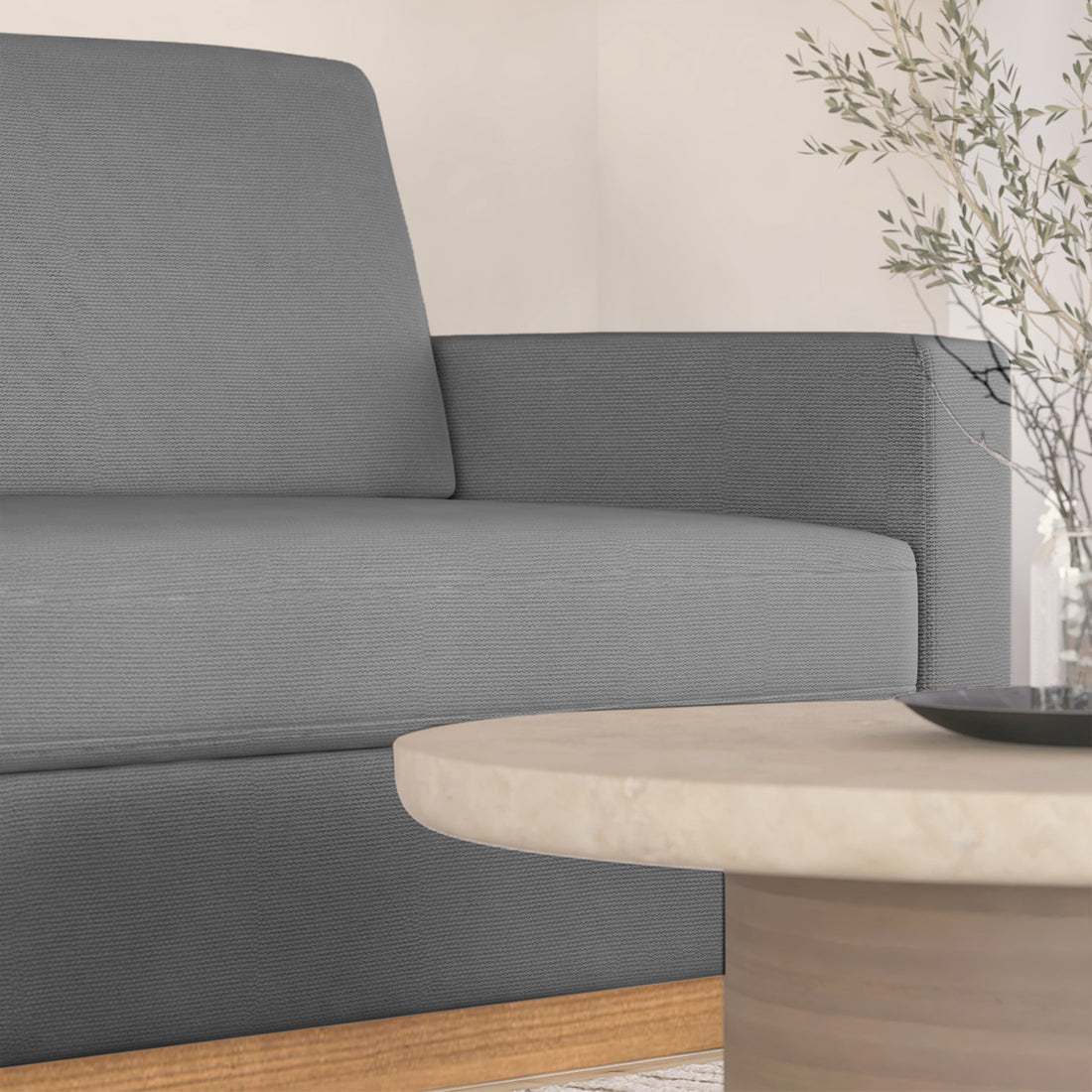 Celeste 3 Seater Hardwood Fabric Sofa Ash with visible rubber wood legs, removable cushions, and a sturdy design, perfect for stylish and comfortable seating in modern living spaces.