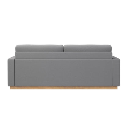 Celeste 3 Seater Hardwood Fabric Sofa Ash features a close-up of its durable polyester linen fabric and sturdy eucalyptus hardwood construction, showcasing its elegant design and removable cushions for easy maintenance.