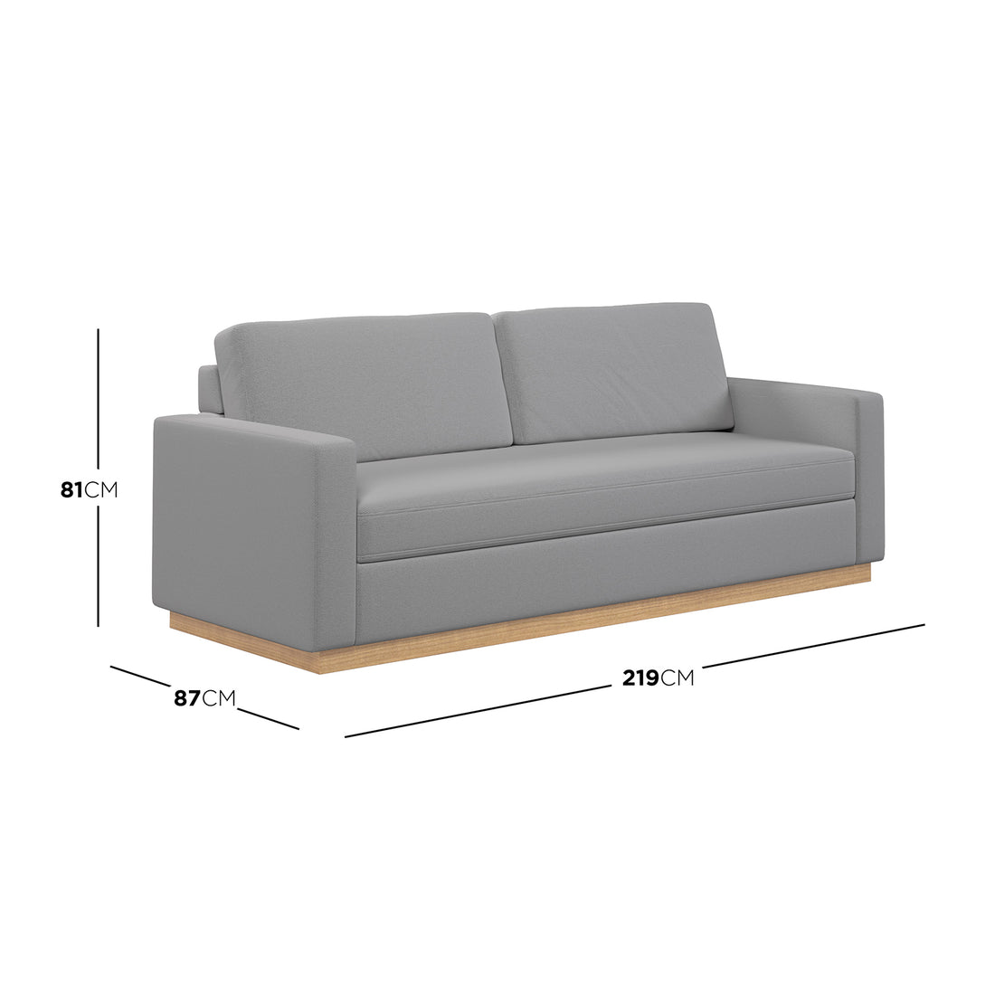 Celeste 3 Seater Hardwood Fabric Sofa Ash showcasing a modern design with grey upholstery, contrasting wooden legs, and plush, removable cushions, ideal for contemporary living rooms.