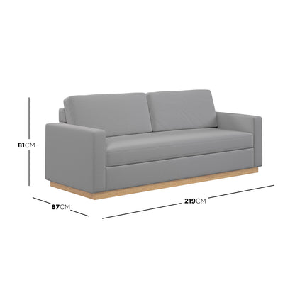 Celeste 3 Seater Hardwood Fabric Sofa Ash showcasing a modern design with grey upholstery, contrasting wooden legs, and plush, removable cushions, ideal for contemporary living rooms.