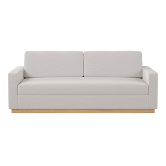 Celeste 3 Seater Hardwood Fabric Sofa featuring a white finish, two cushions, and rubber wood legs, showcasing a modern design perfect for stylish and comfortable living room seating.