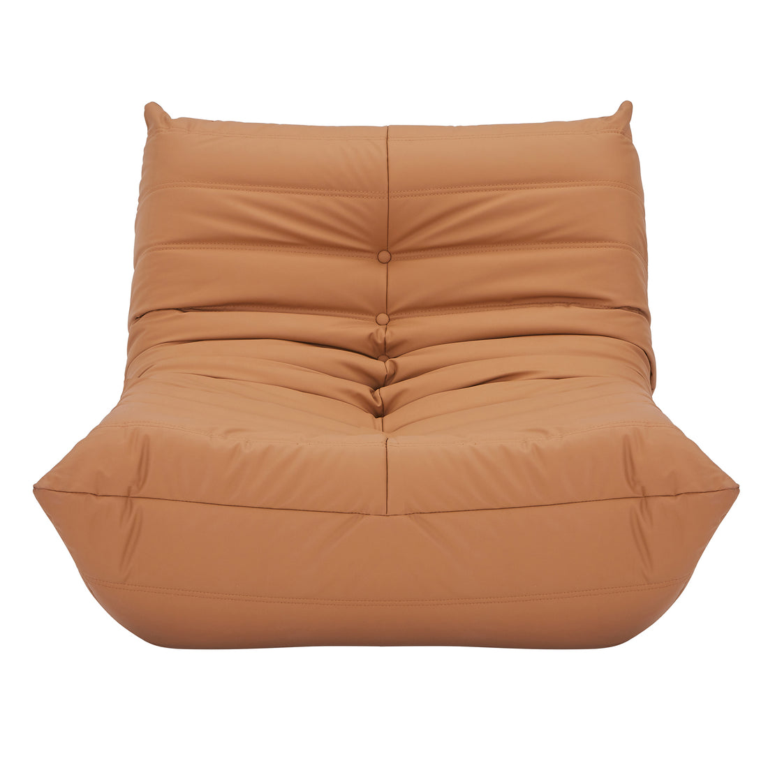 Claris PU Leather Tufted Lounge Sofa Chair in Caramel, featuring a tan leather-look finish, heavily padded with horizontal stitching and tufted buttons, showcasing a relaxed, plump appearance.