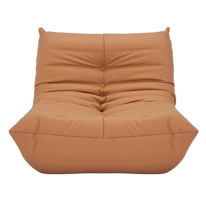 Claris PU Leather Tufted Lounge Sofa Chair in Caramel, featuring a tan leather-look finish, heavily padded with horizontal stitching and tufted buttons, showcasing a relaxed, plump appearance.