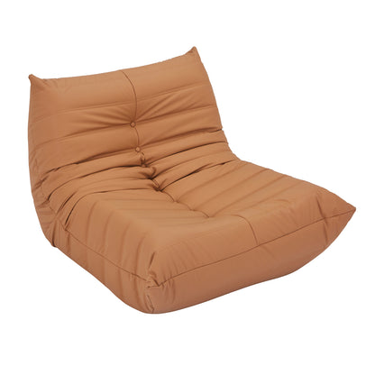 Claris PU Leather Tufted Lounge Sofa Chair in Caramel features a low-slung, armless design with horizontal channel stitching and button tufts, creating a plush, sculpted look with no visible legs.
