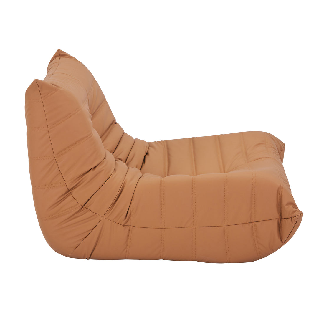 Claris PU Leather Tufted Lounge Sofa Chair in Caramel, featuring a low-slung, armless design with quilted horizontal tufts, sculpted for comfort and elegance, evoking classic Togo-style modular aesthetics.