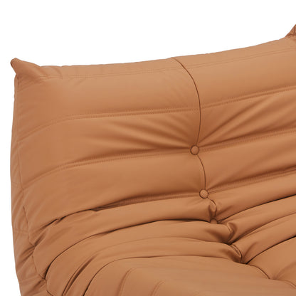 Claris PU Leather Tufted Lounge Sofa Chair in Caramel, featuring close-up of tufted caramel-tan upholstery with stitched channels and button-tuft detailing, highlighting its modern design and plush comfort.