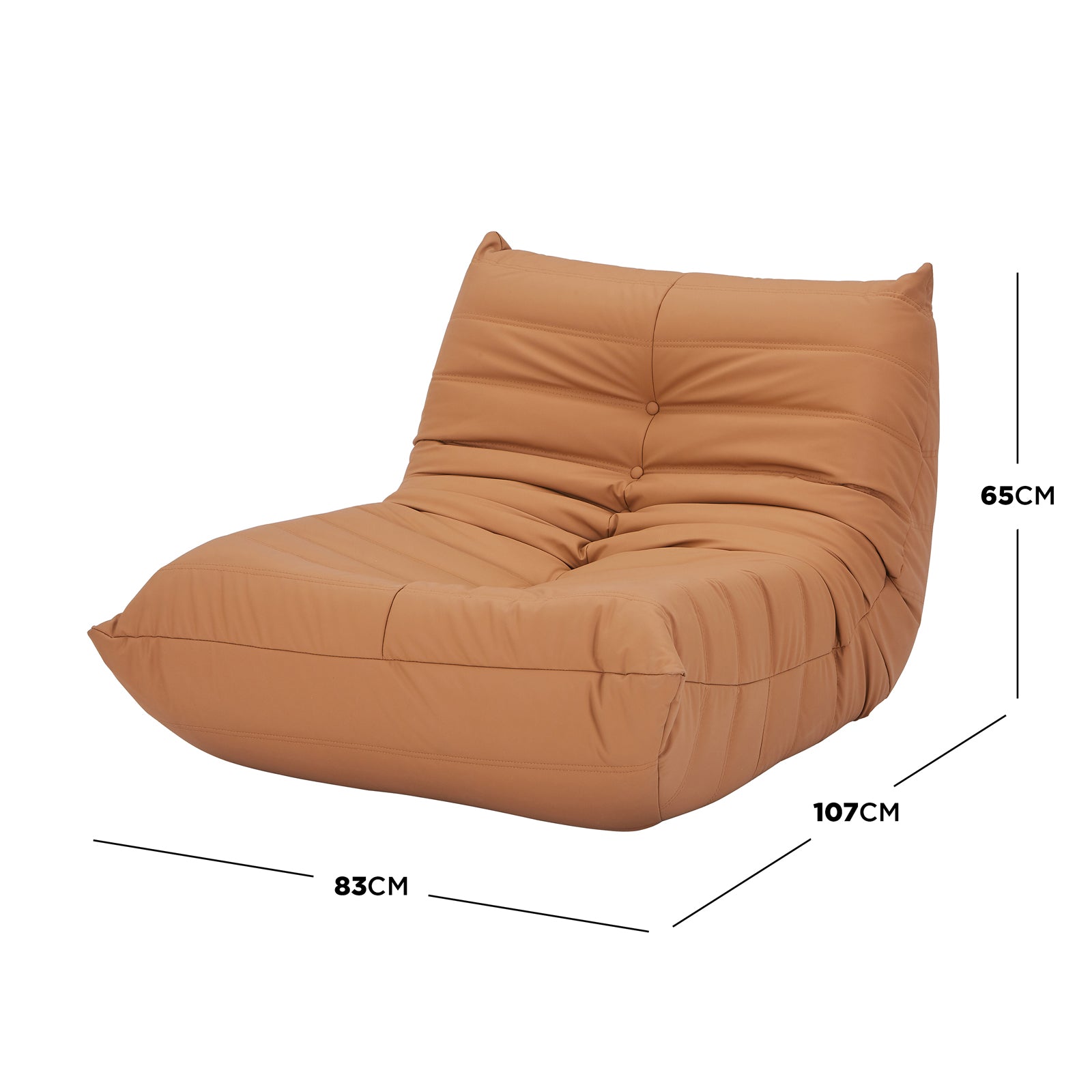 Claris PU Leather Tufted Lounge Sofa Chair in Caramel, featuring a low-slung, single-seat design with quilted upholstery, engineered wood and metal frame, measuring approximately 83cm width, 107cm depth, and 65cm height.