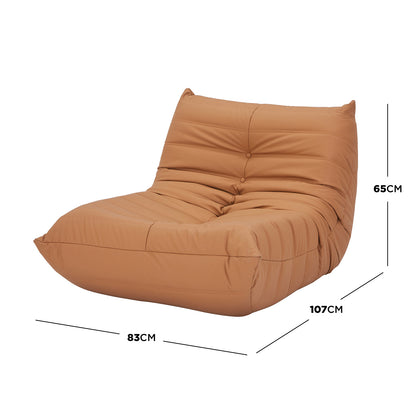 Claris PU Leather Tufted Lounge Sofa Chair in Caramel, featuring a low-slung, single-seat design with quilted upholstery, engineered wood and metal frame, measuring approximately 83cm width, 107cm depth, and 65cm height.