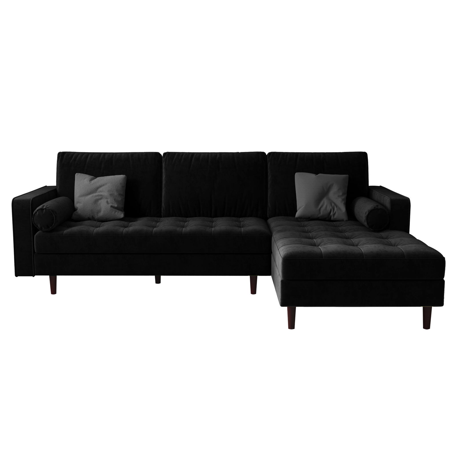 Claude 3 Seater Velvet Sofa with Chaise – Black, featuring plush cushions and a spacious chaise, showcased in a living room setting with matching round pillows, highlighting its luxurious and comfortable design.