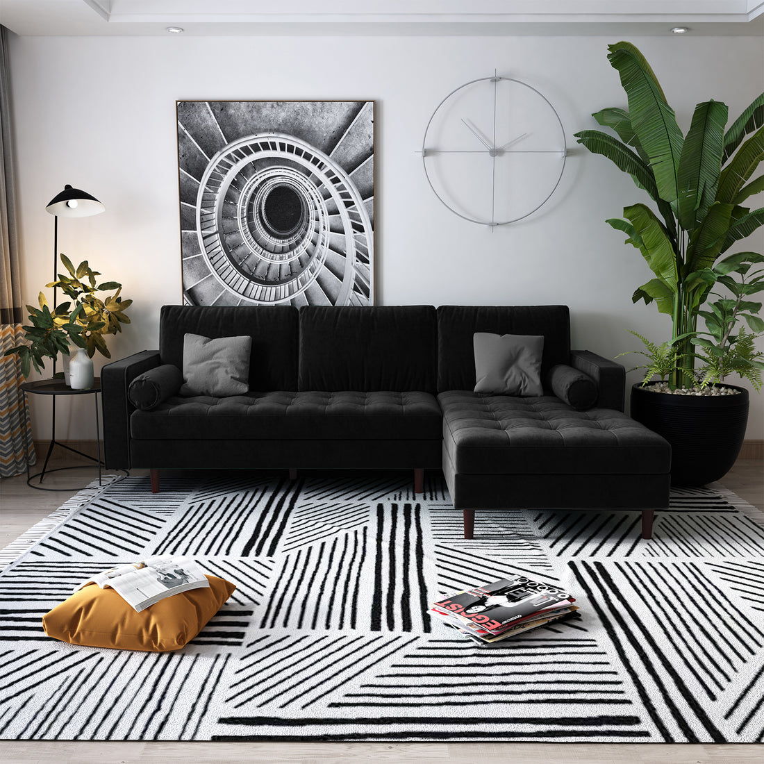 Claude 3 Seater Velvet Sofa with Chaise – Black displayed in a stylish living room setting, featuring plush cushions and a spacious chaise, enhancing the luxurious ambiance of the space.